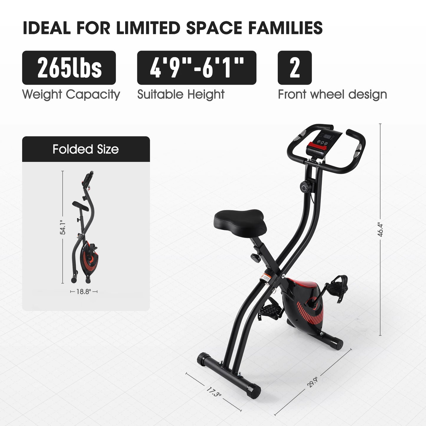 Exercise Bike 16 Levels Magnetic Resistance Folding Stationary Bike for Home with LCD Monitor Phone Holder Portable